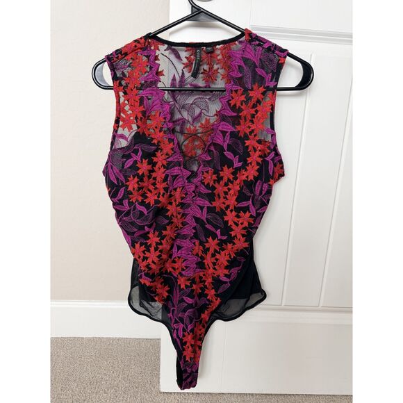Guess Tops - Guess Los Angeles Floral Embroidered Mesh Lace-Up Bodysuit NWOT Size L